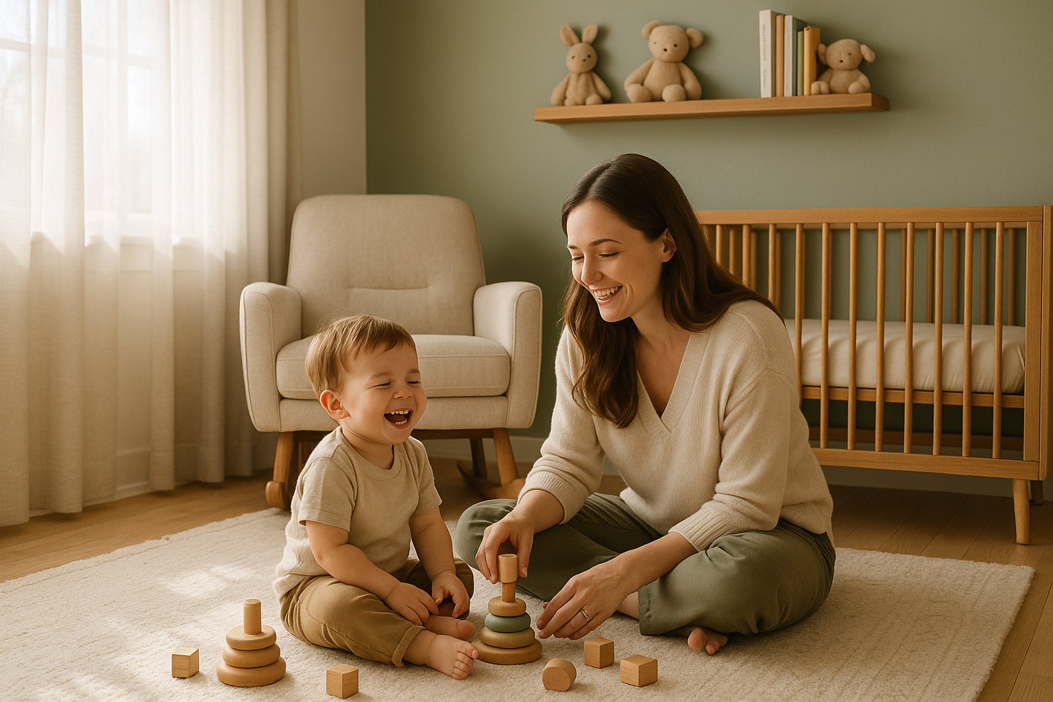 A modern picture of a mom playing with her son in a nursery