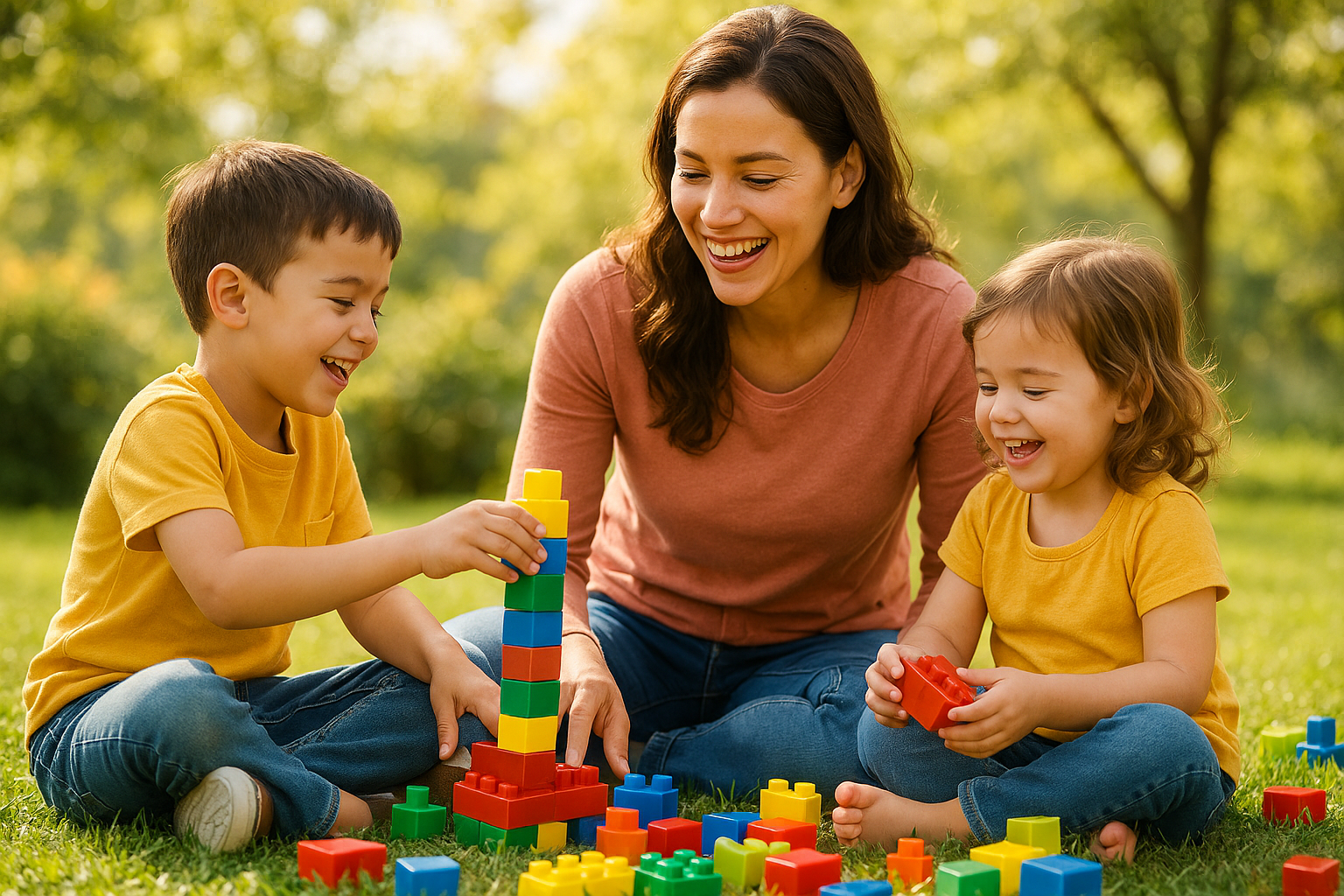 Give me a picture of a mom with her two kids playing 
